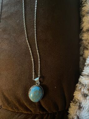 Turquoise Stone Pendant Necklace - Silver Chain 9 1/2 chain